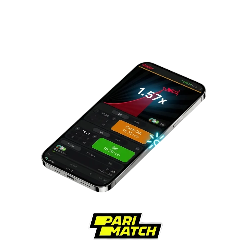 Parimatch Aviator game interface displayed on a smartphone screen for Android and iOS.