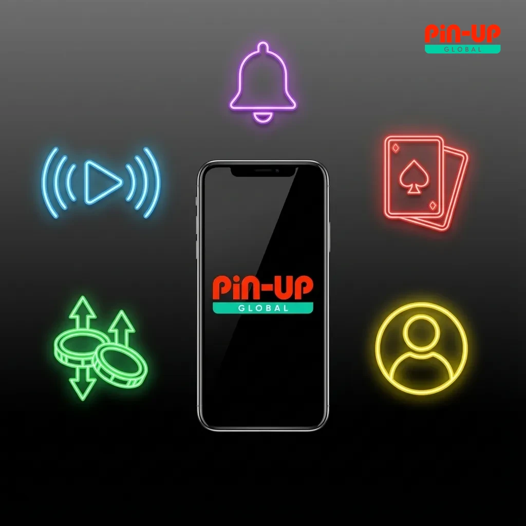 Pin-Up app features including UPI payments, INR support, casino games, live streaming, and 24/7 help.