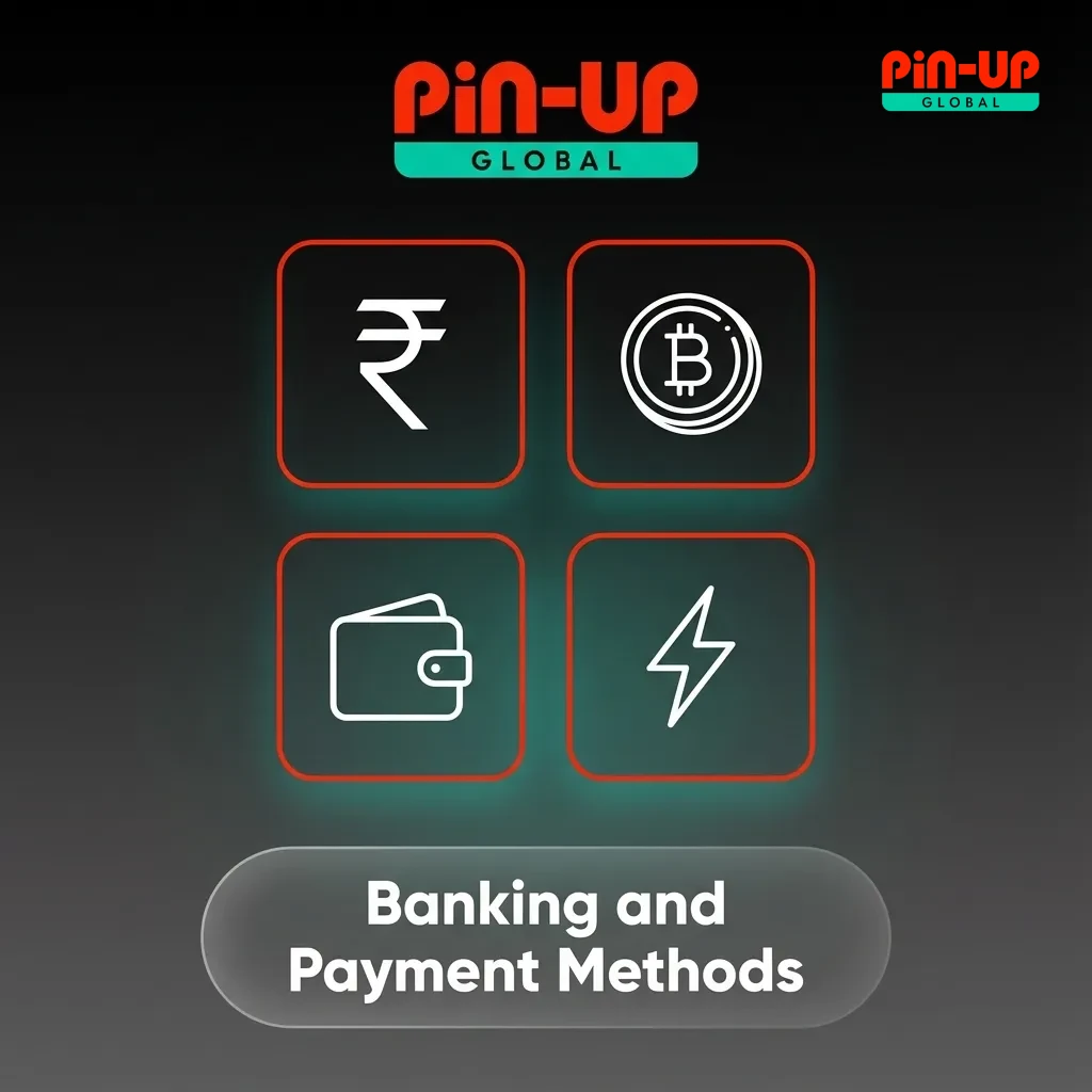 Pin-Up India secure payment options including UPI, PayTM, GPay, and cryptocurrencies like Bitcoin.