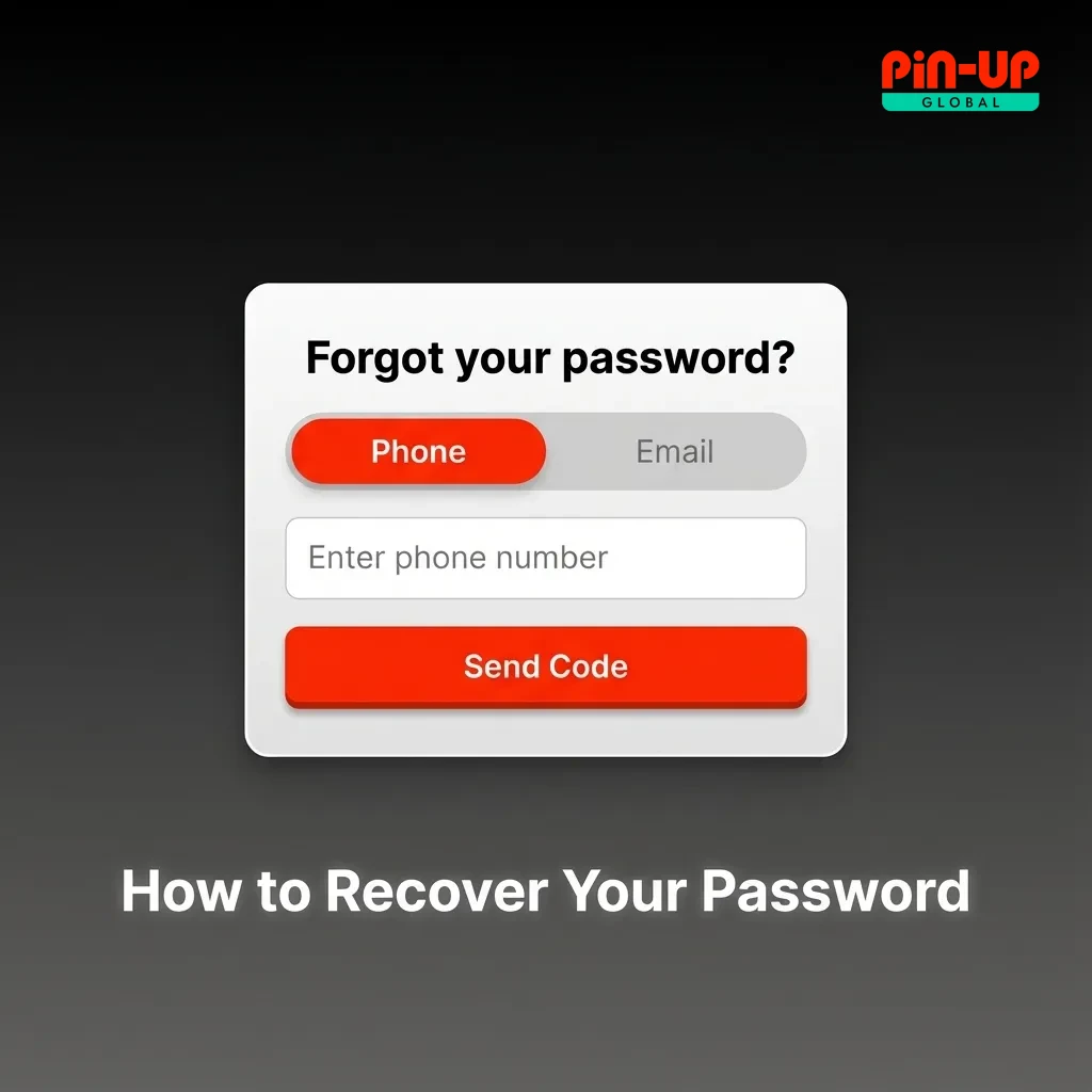 Password recovery screen to restore access to Pin-Up account login.
