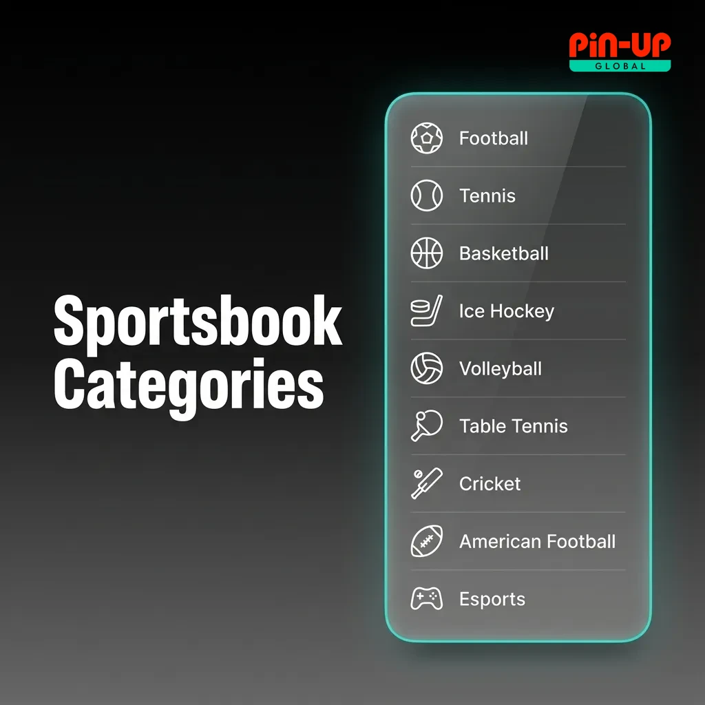 Pin-Up bet sportsbook categories for cricket, football, and kabaddi betting.