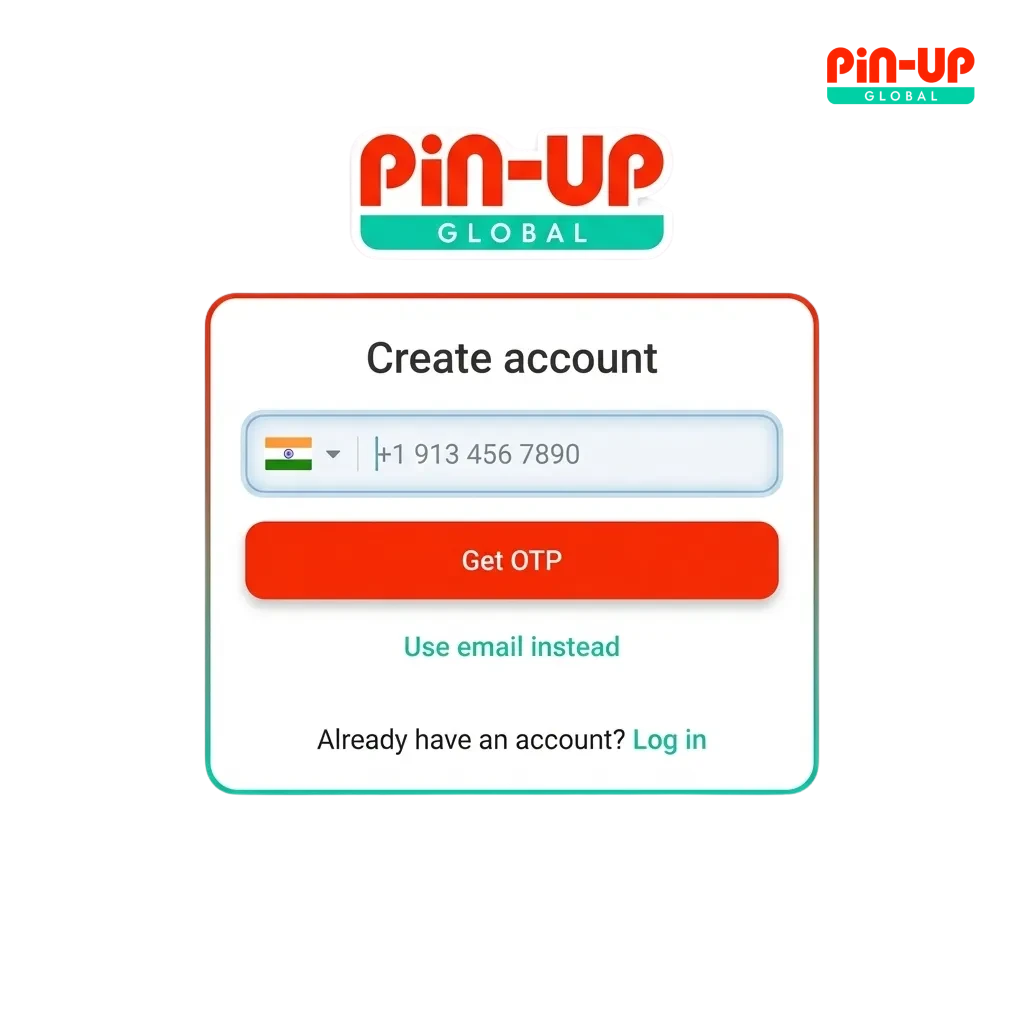 Pin-Up Casino registration page offering a 125% welcome bonus up to INR 25,000.