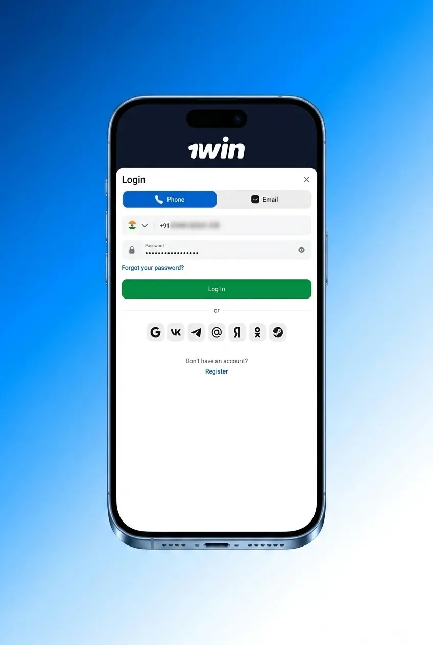 1win account login steps on phone mockup showing email, password entry, and dashboard access