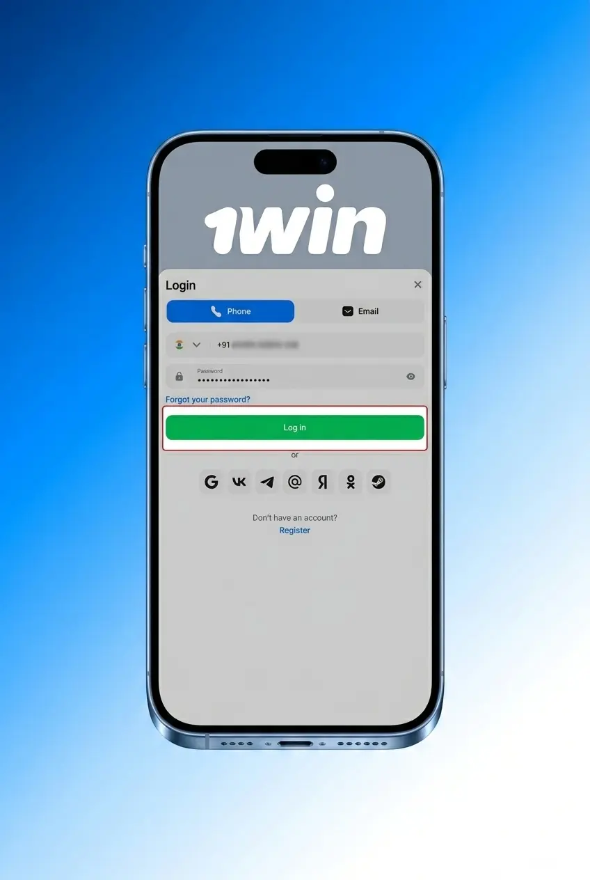 1win account login steps on phone mockup showing email, password entry, and dashboard access