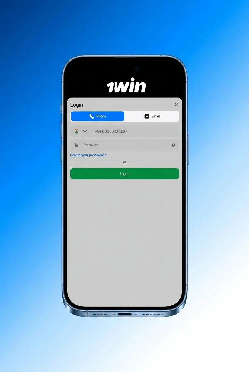 1win account login steps on phone mockup showing email password entry and dashboard access