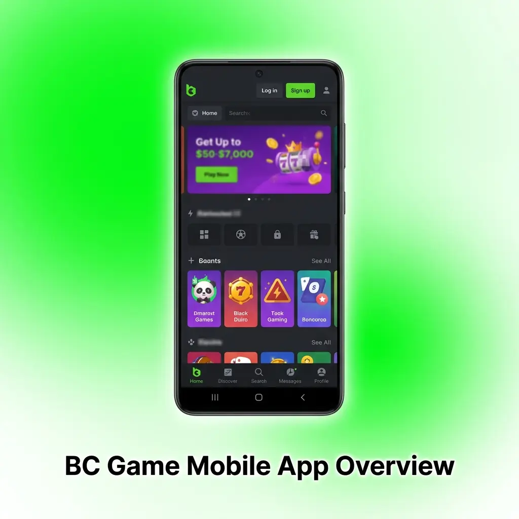 BC Game mobile app on Android and iOS showing live betting, crash games, multi-currency wallet and BCD token integration