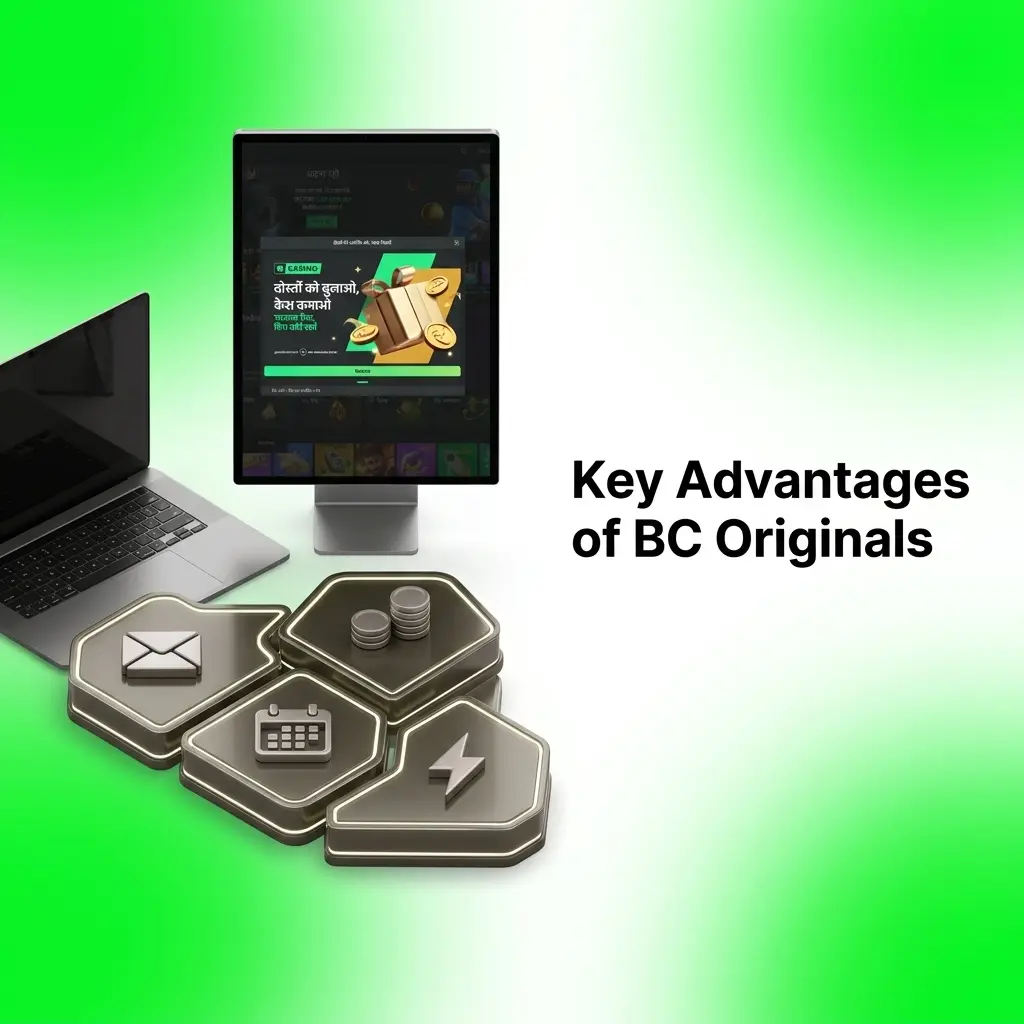 BC Originals advantages: provably fair, 99% RTP, bets from $0.01, mobile-compatible, auto-cashout, crypto & INR deposits